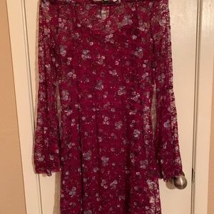 Burgundy Mini dress, Lace overlay with bell sleeve